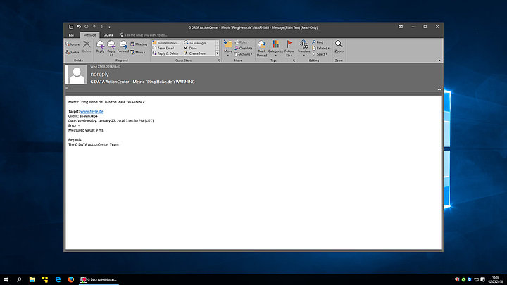 Capture d’écran de G DATA ActionCenter : alerte d'e-mail