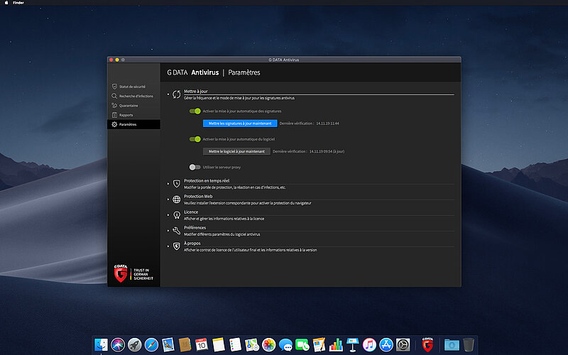 G DATA Antivirus Mac Paramètres
