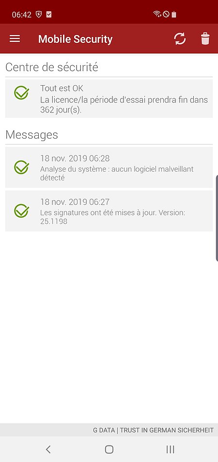 Capture d'écran G DATA Mobile Security Android – Centre de sécurité