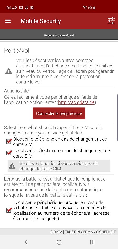 Capture d'écran G DATA Mobile Security Android – Reconnaissance de vol